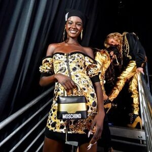 H&M x Moschino TV Mini Gold Black Dress Chain Print Size 0